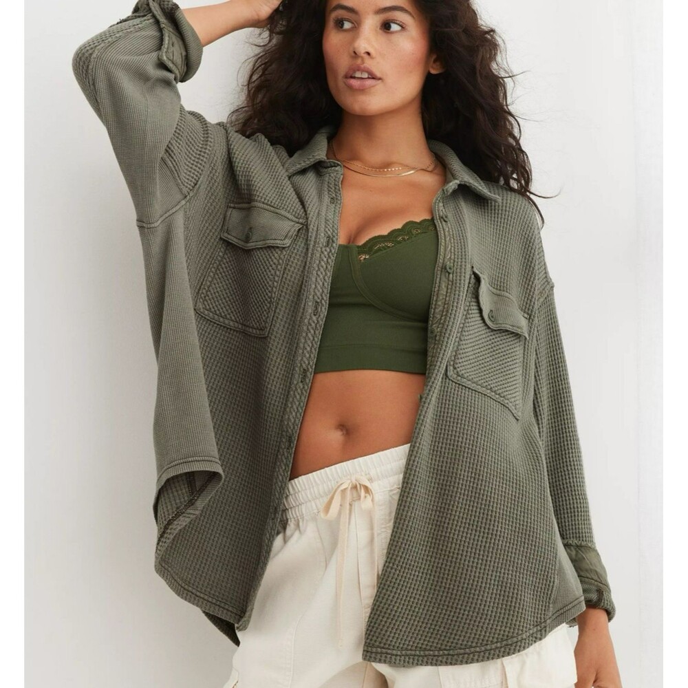 Aerie Lumber Jane Waffle Knit Shirt Medium Olive Green Oversized Casual Granola